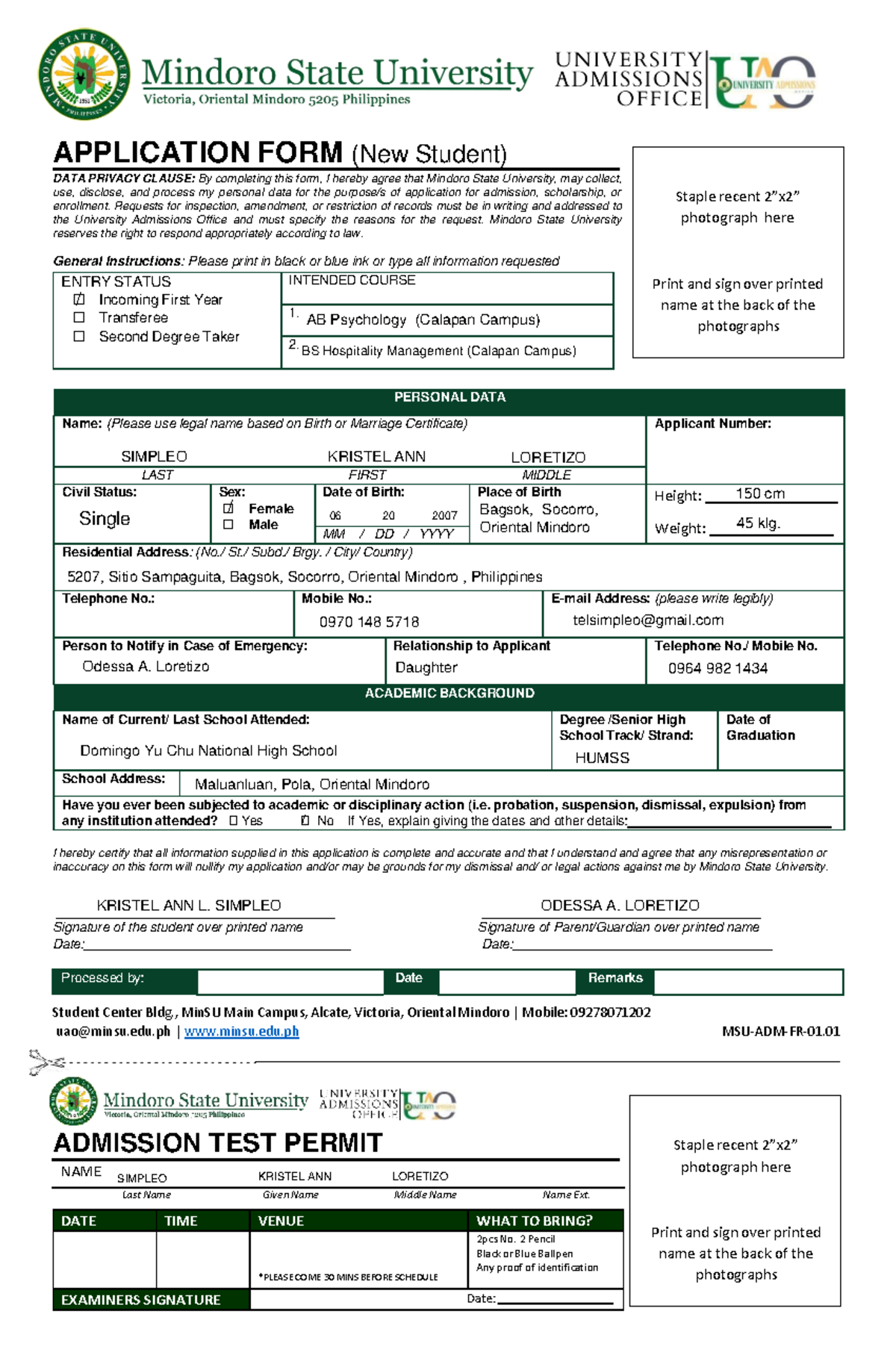 Mindoro State University Admission Form for New Students - Studocu