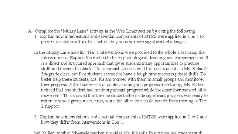 D635 EEN1 Task 1: MTSS Interventions Across Tiers 1-3 Analysis - Studocu