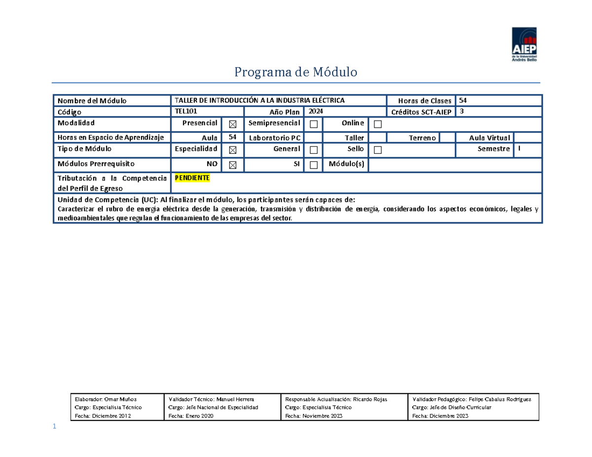 TEL101-1.1 Taller de Introducción a la Industria Eléctrica - Plan 2024 - Document Preview
