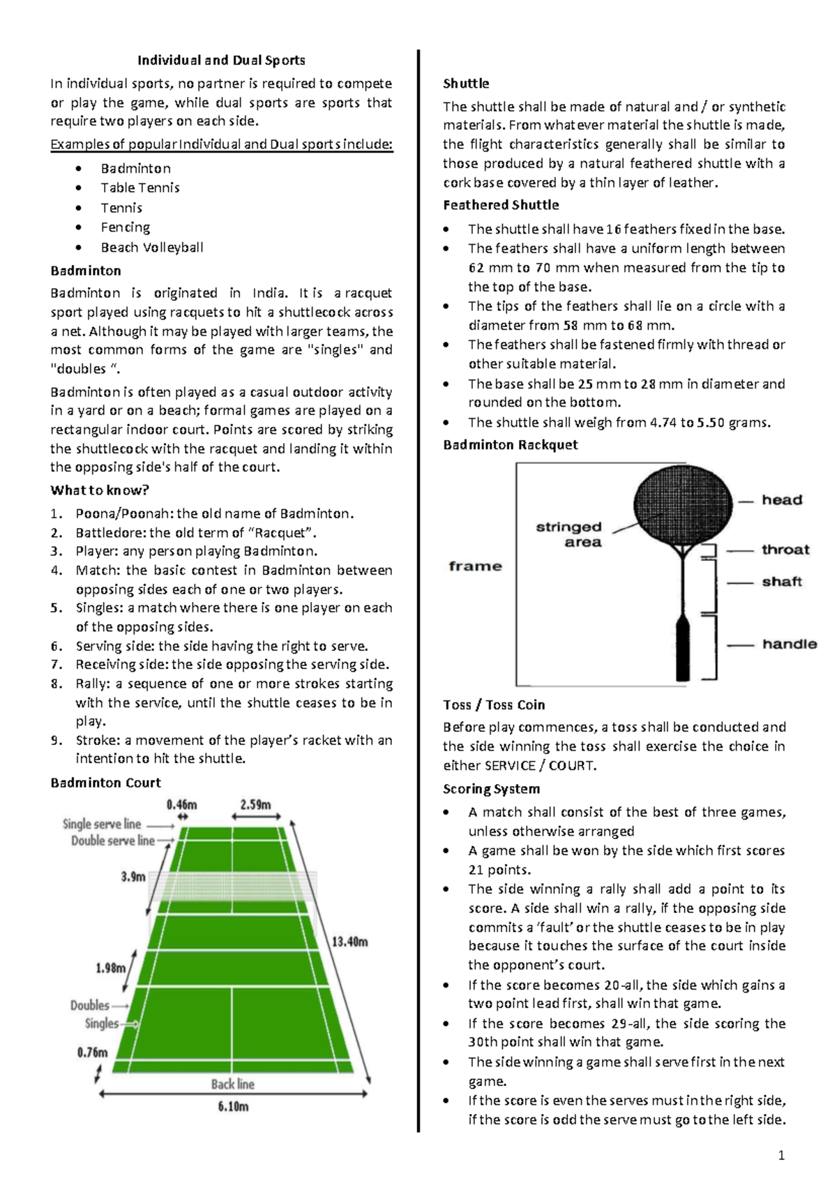 Finals Reviewer: Individual & Dual Sports Overview and Badminton ...