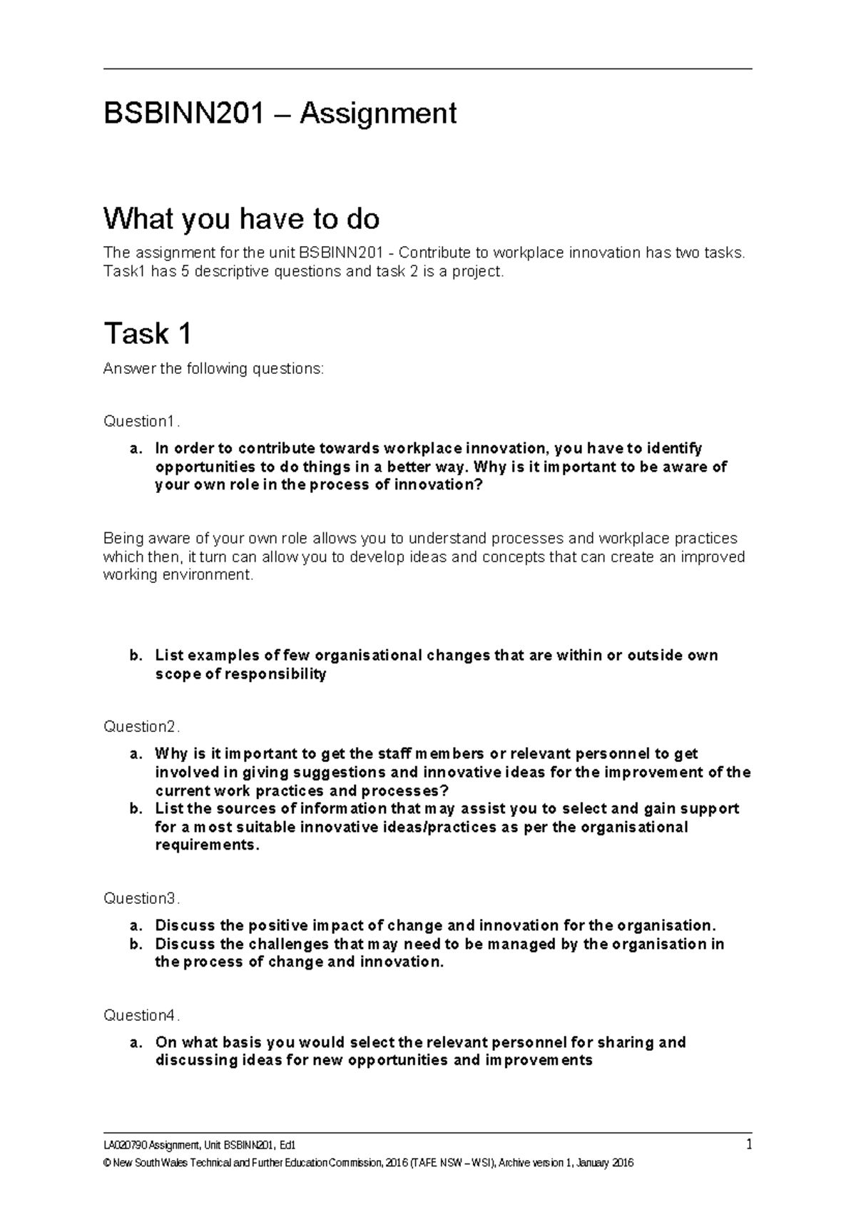 BSBINN201 - Assignment on Contributing to Workplace Innovation - Studocu