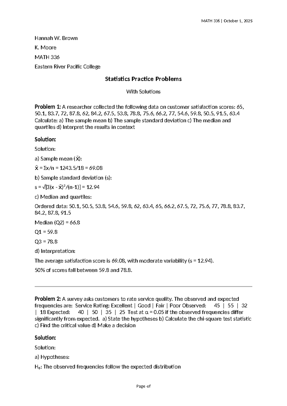 MATH 336 Statistics Practice Problems with Solutions - Studocu