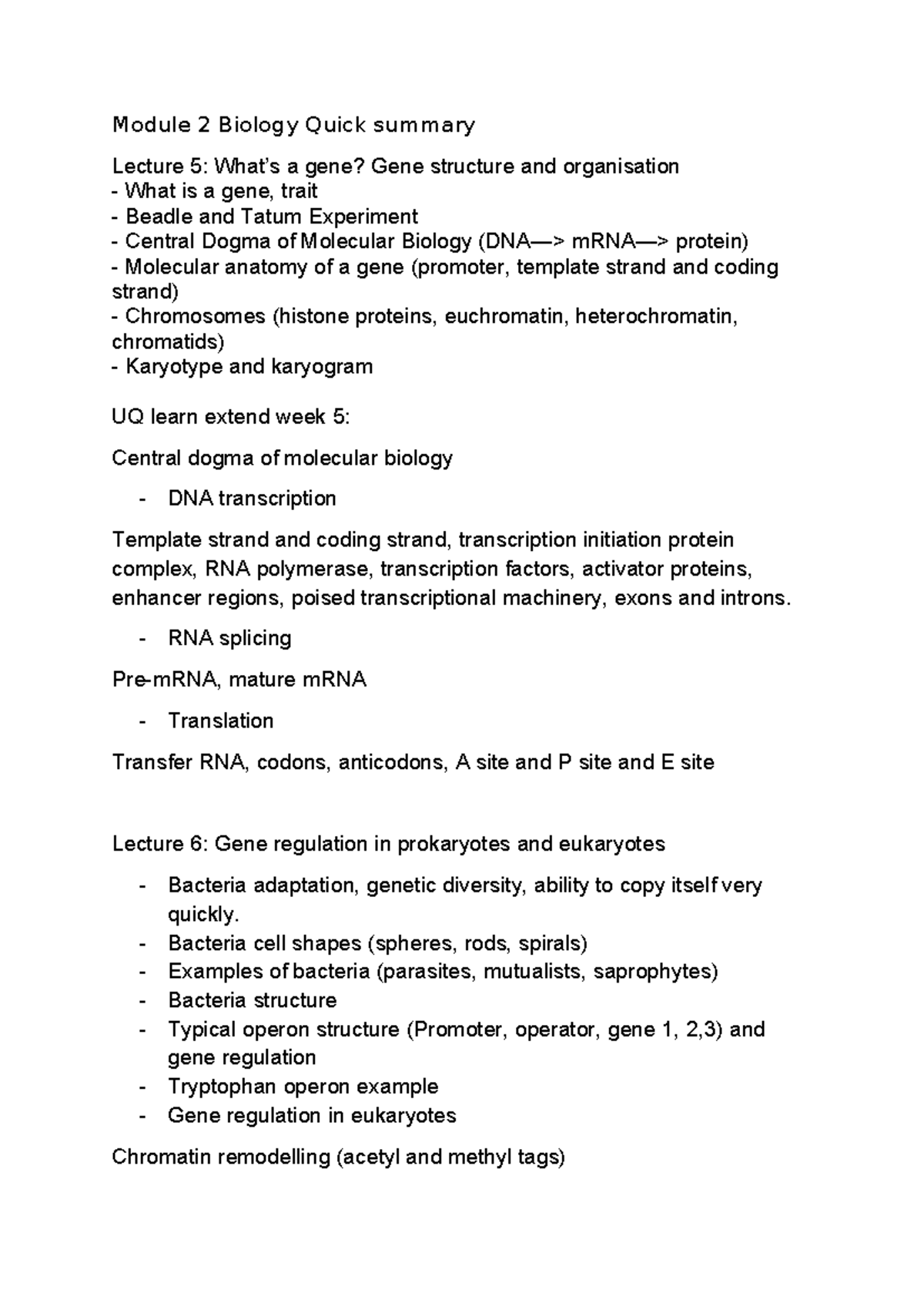Module 2 Biology Quick Summary: Gene Structure, Regulation ...