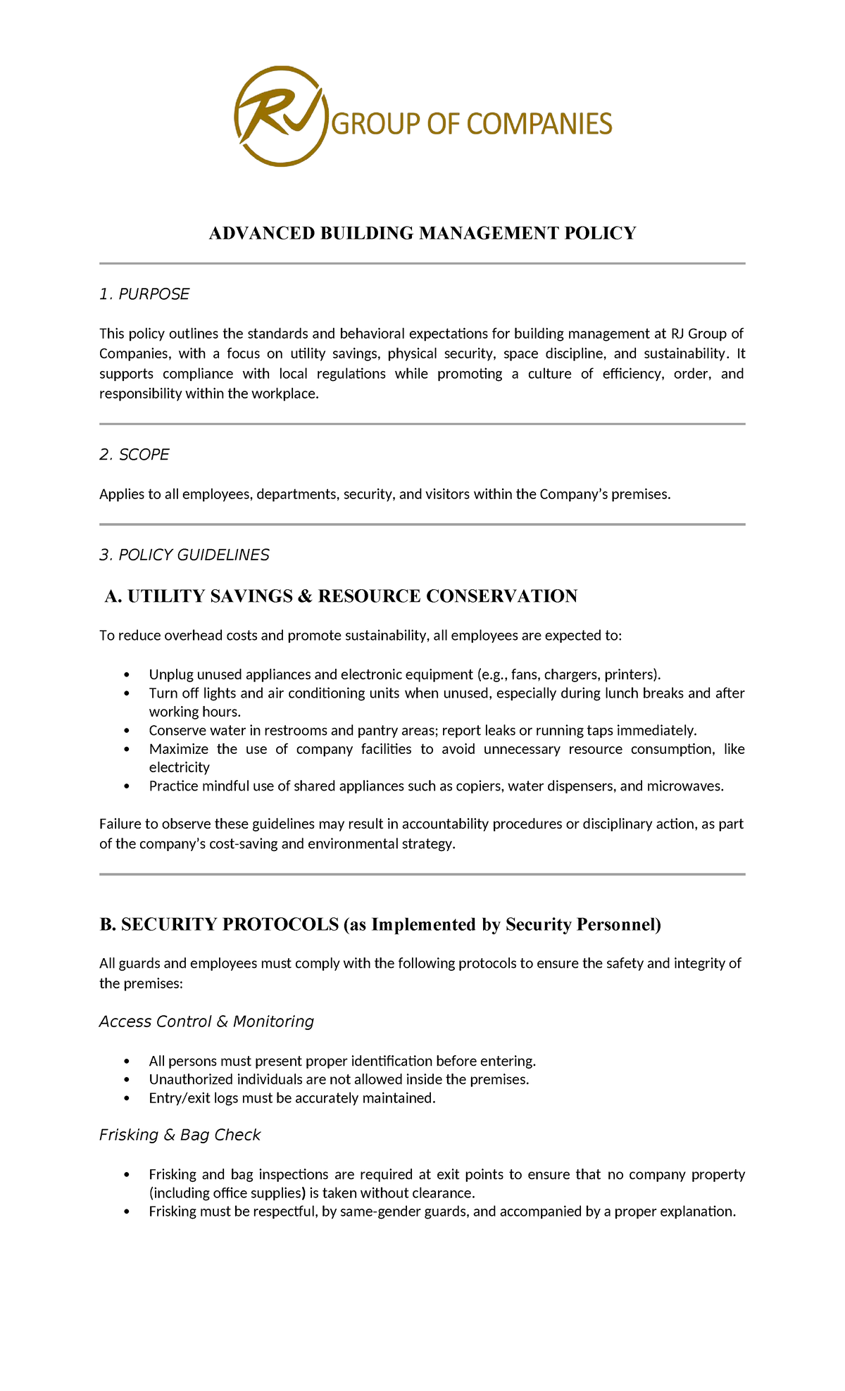 RJ Group Building Management Policy: Standards for Efficiency ...