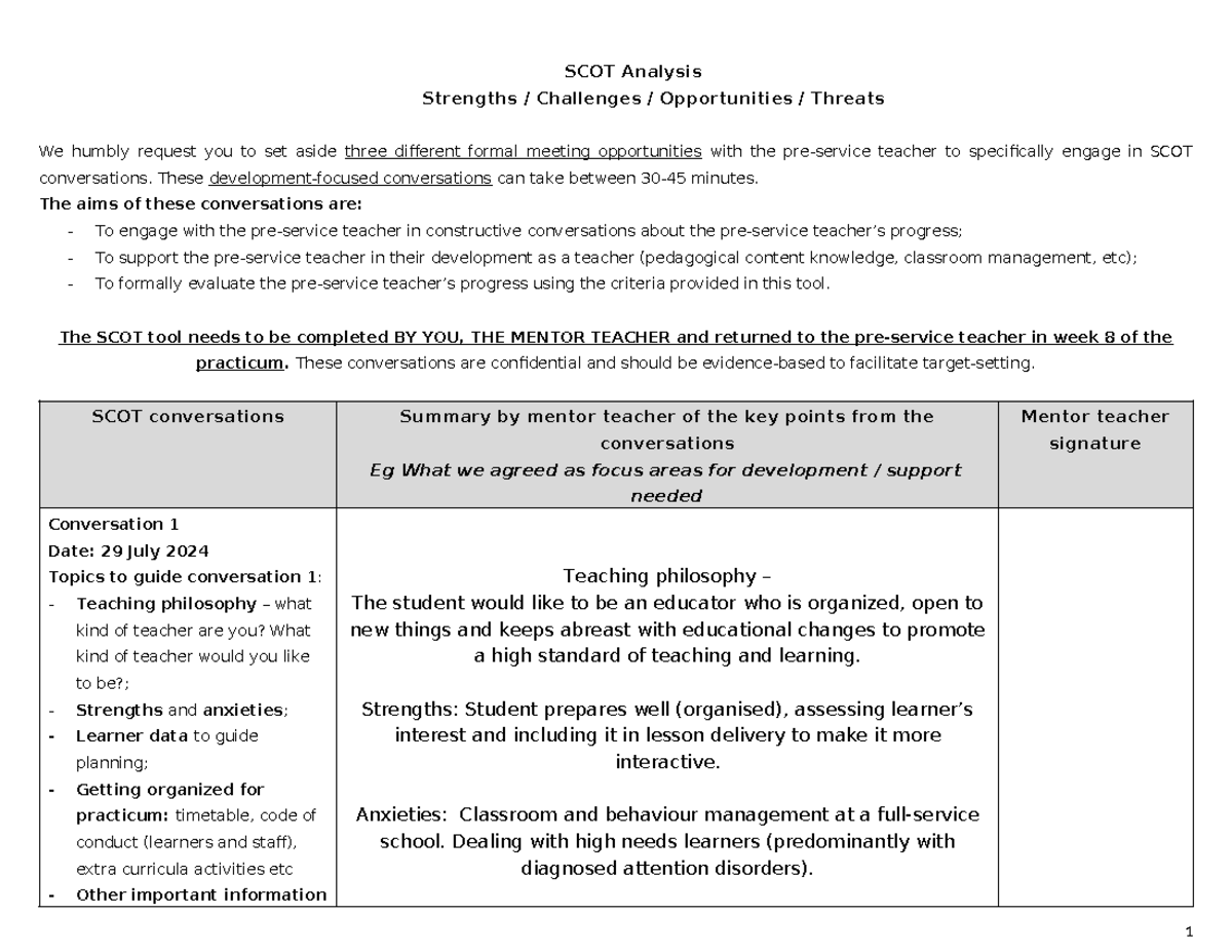 SCOT Analysis Framework for Pre-Service Teacher Practicum (EDU101 ...