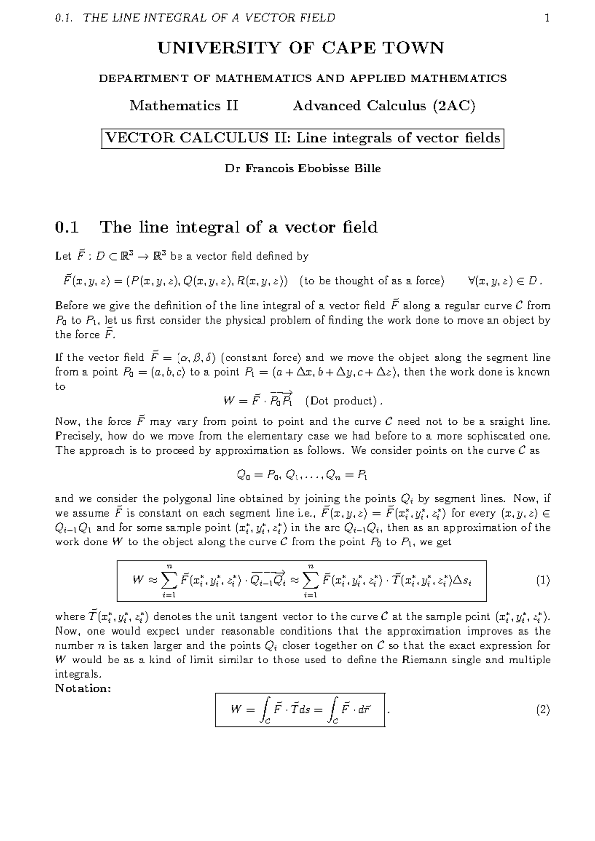 Vector Calculus II (2AC): Line Integrals of Vector Fields Notes - Studocu