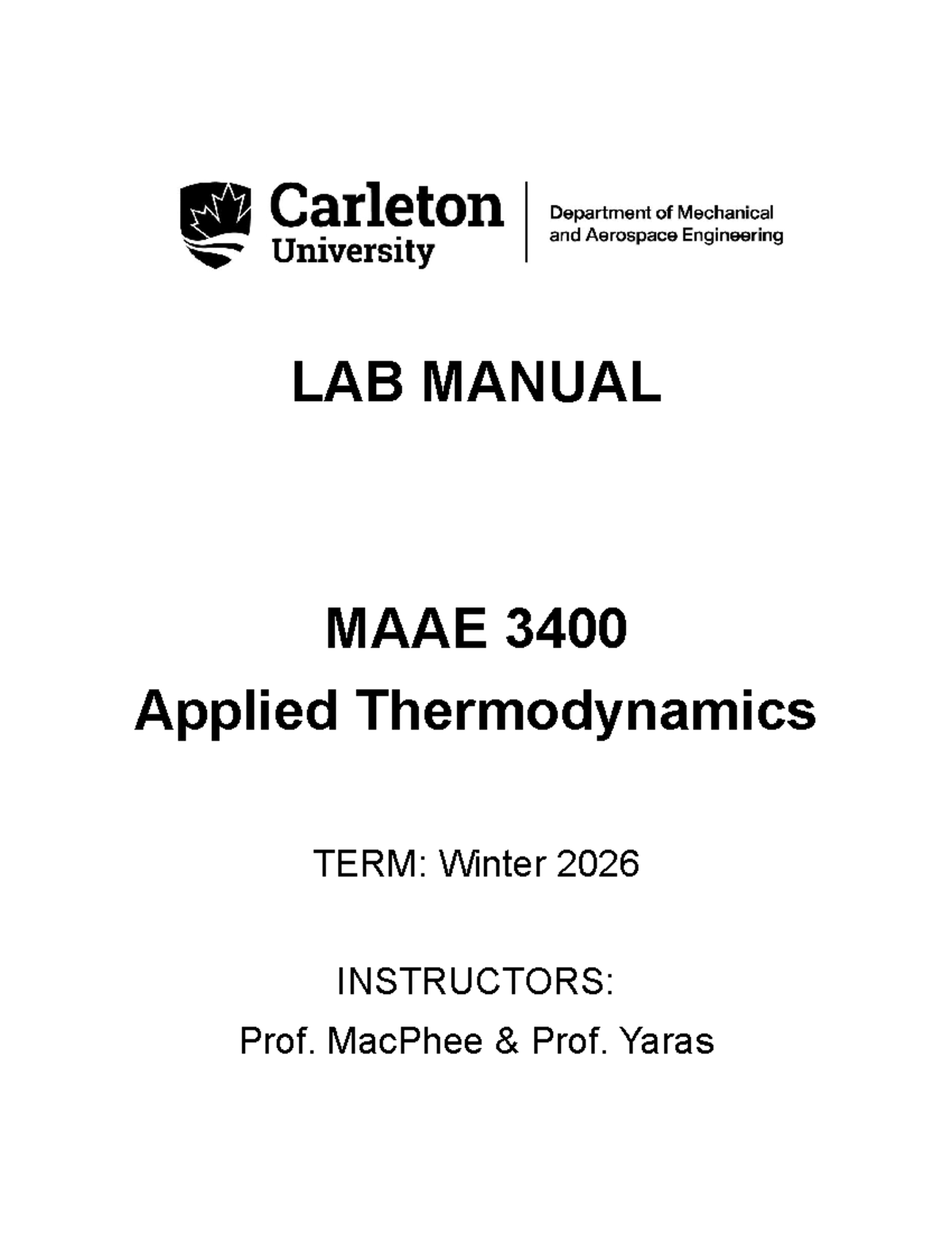 MAAE 3400 Lab Manual: Applied Thermodynamics Winter 2026 - Studocu