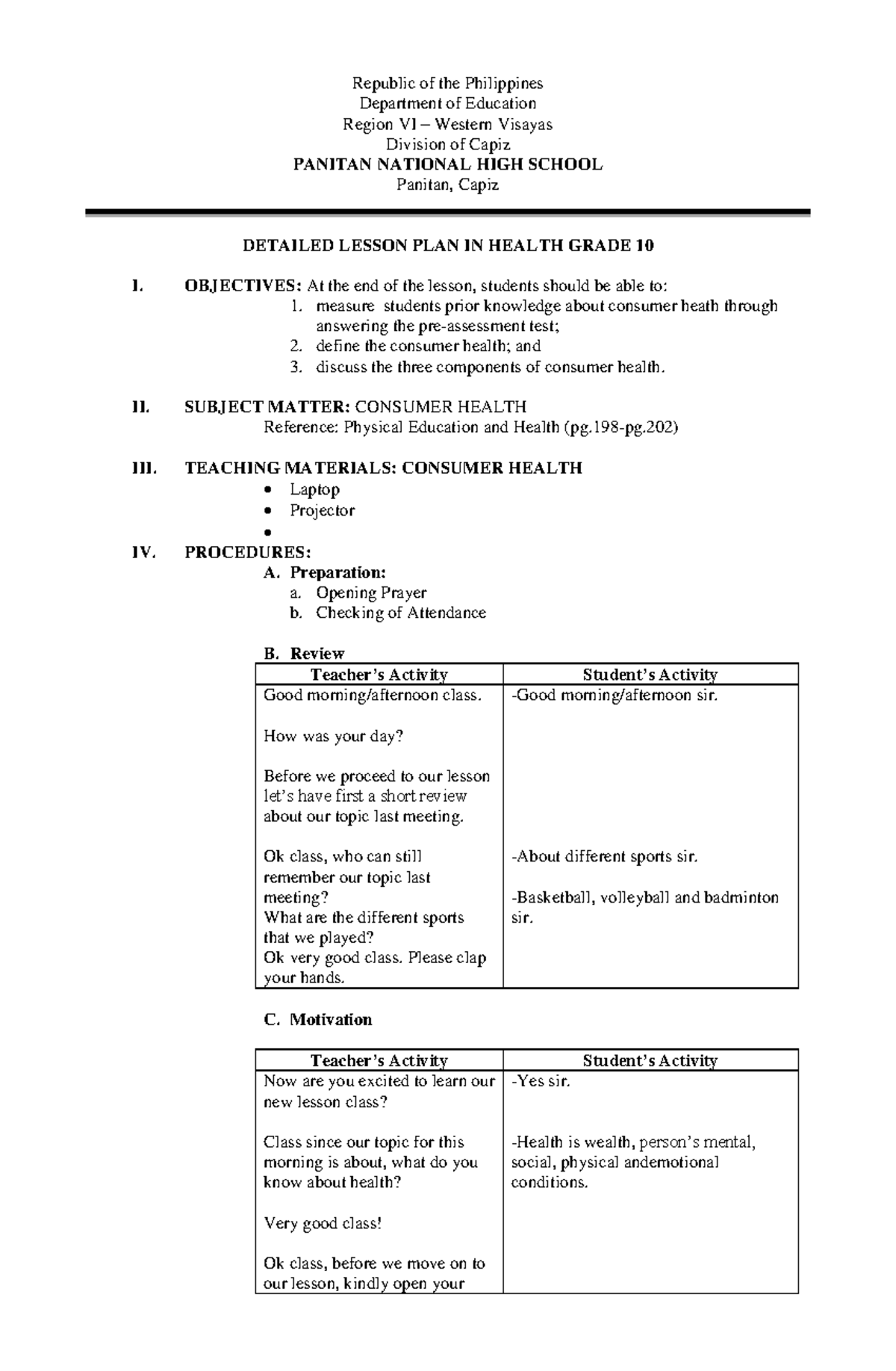 Detailed Lesson Plan on Consumer Health for Grade 10 - MAPEH - Studocu