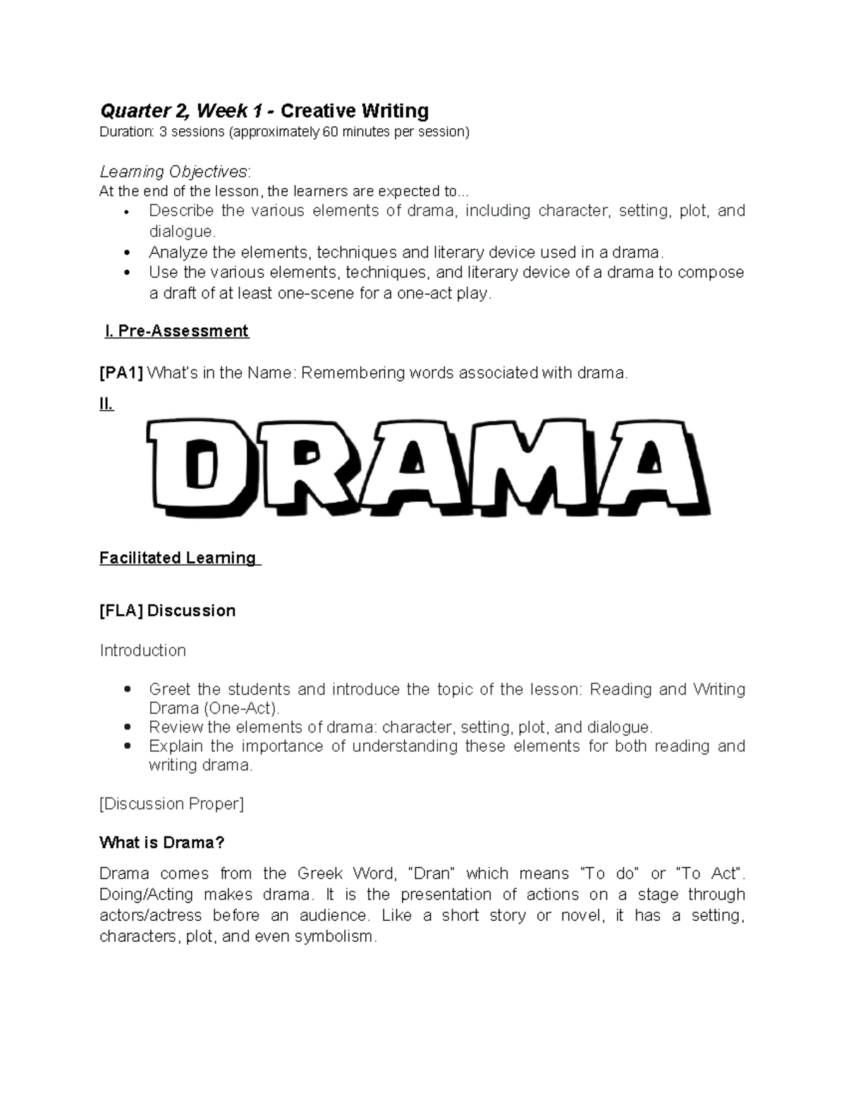 Q2 Creative Writing: Week 1 - Exploring Elements of Drama - Studocu