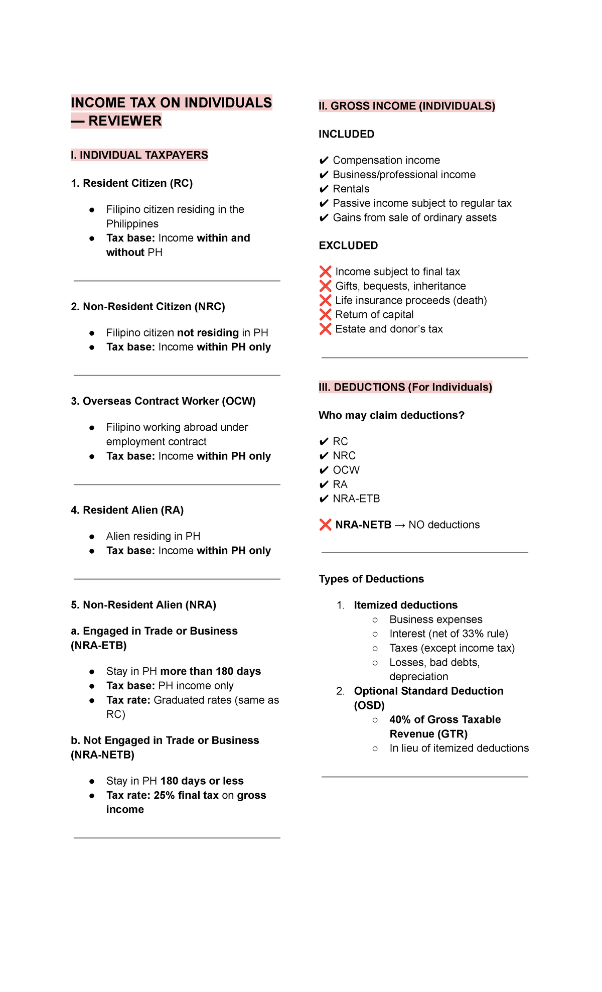 Taxation (Course Code: INCOME TAX) - Allowed Deductions & Gross Income ...