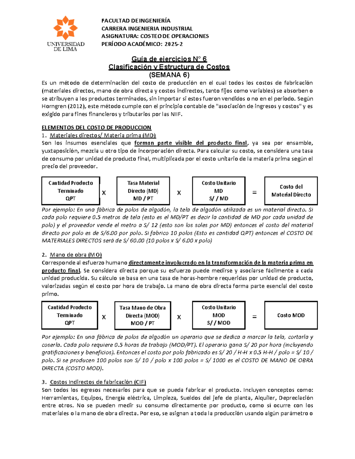 Guía de Ejercicios 6: Clasificación y Estructura de Costos (COST-IND ...