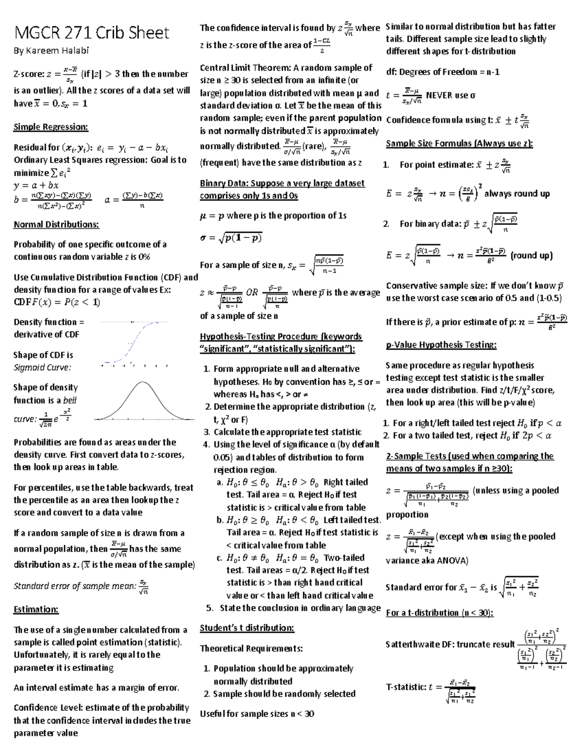 Final Exam Crib Sheet 271 Business Statistics - MGCR 271 Crib Sheet By ...