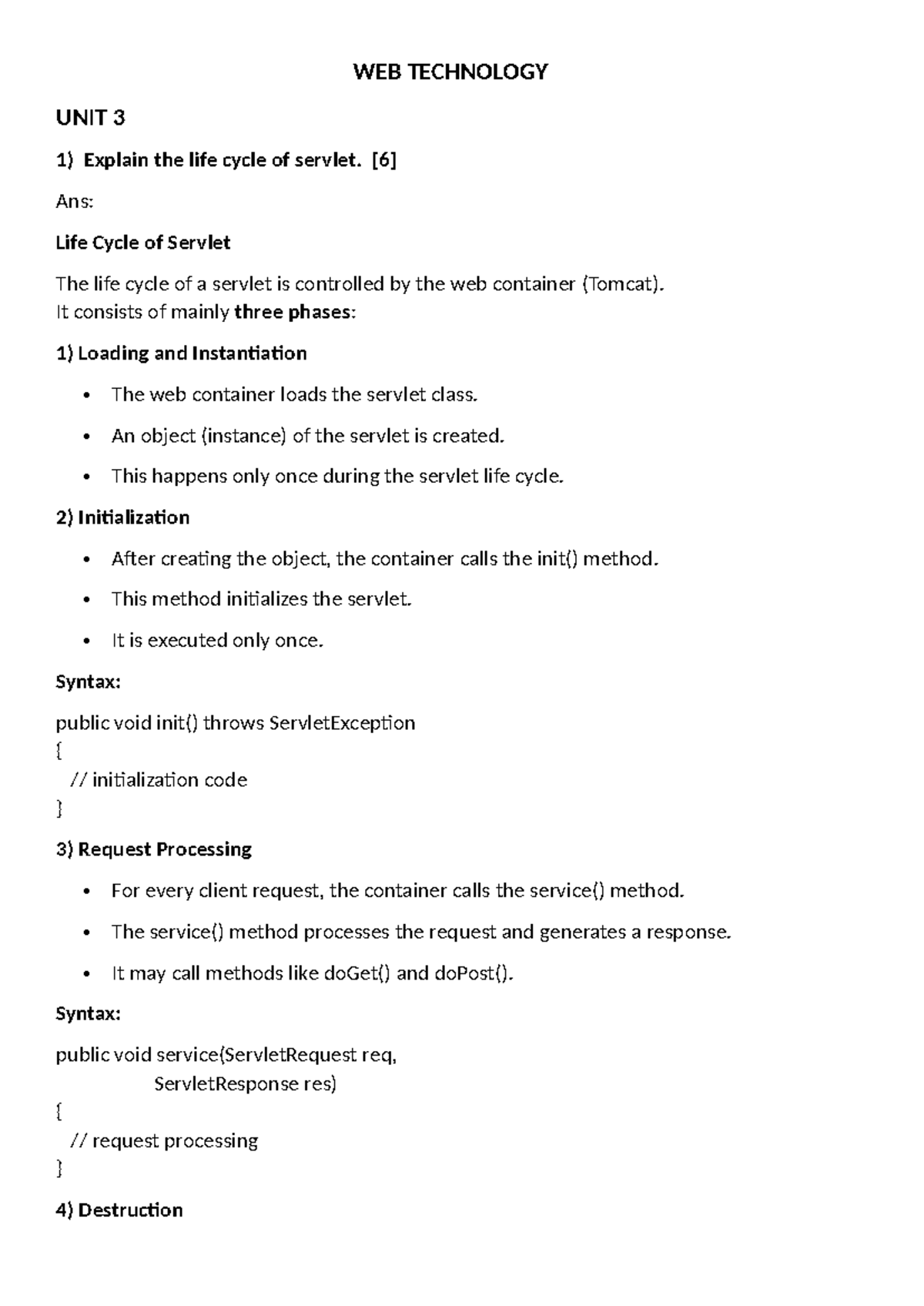 WEB TECHNOLOGY UNIT 3: Servlet Life Cycle & AJAX Explained - Studocu