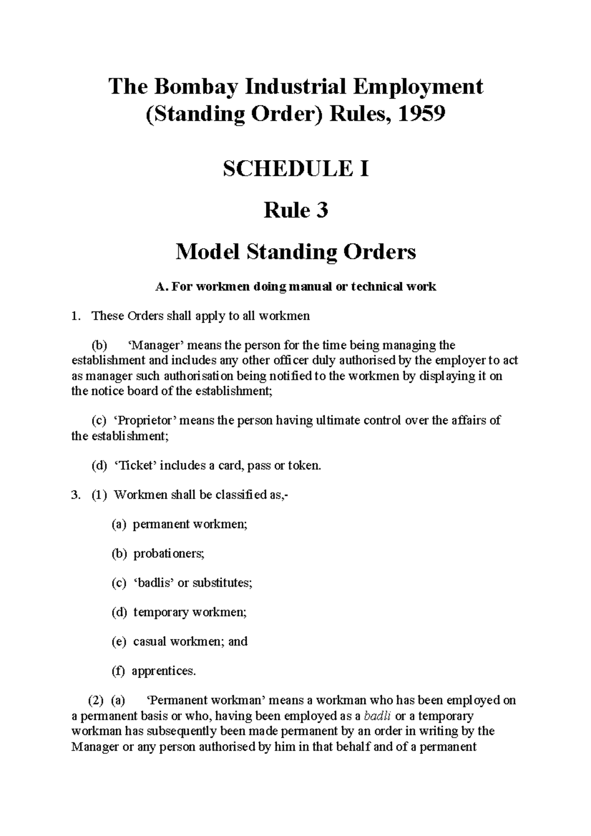 Model Standing Orders for Workmen: Employment Rules Overview - Studocu