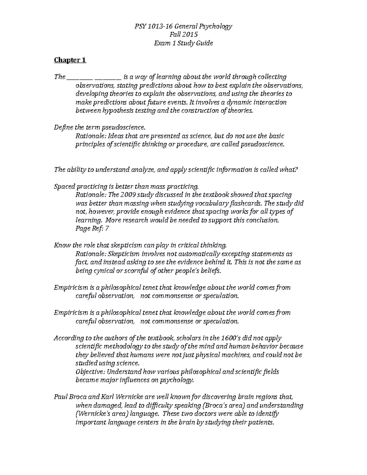 Gen psych exam 1 study guide - Fall 2015 Exam 1 Study Guide Chapter 1 ...