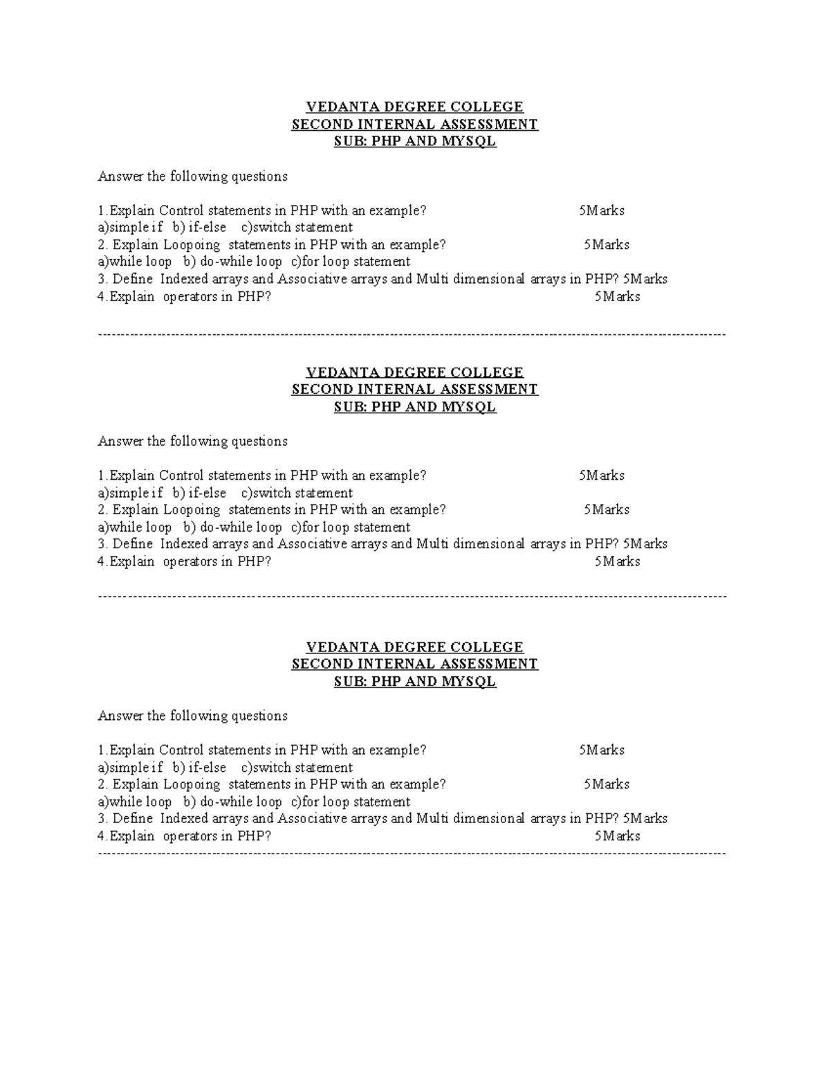 VEDANTA DEGREE COLLEGE PHP & MySQL 2nd Internal Assessment Notes - Studocu