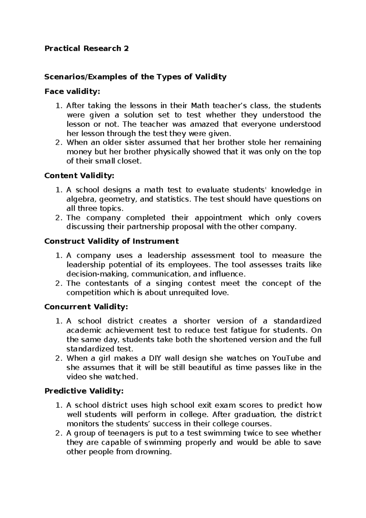 Practical Research 2: Scenarios Illustrating Types of Validity - Studocu