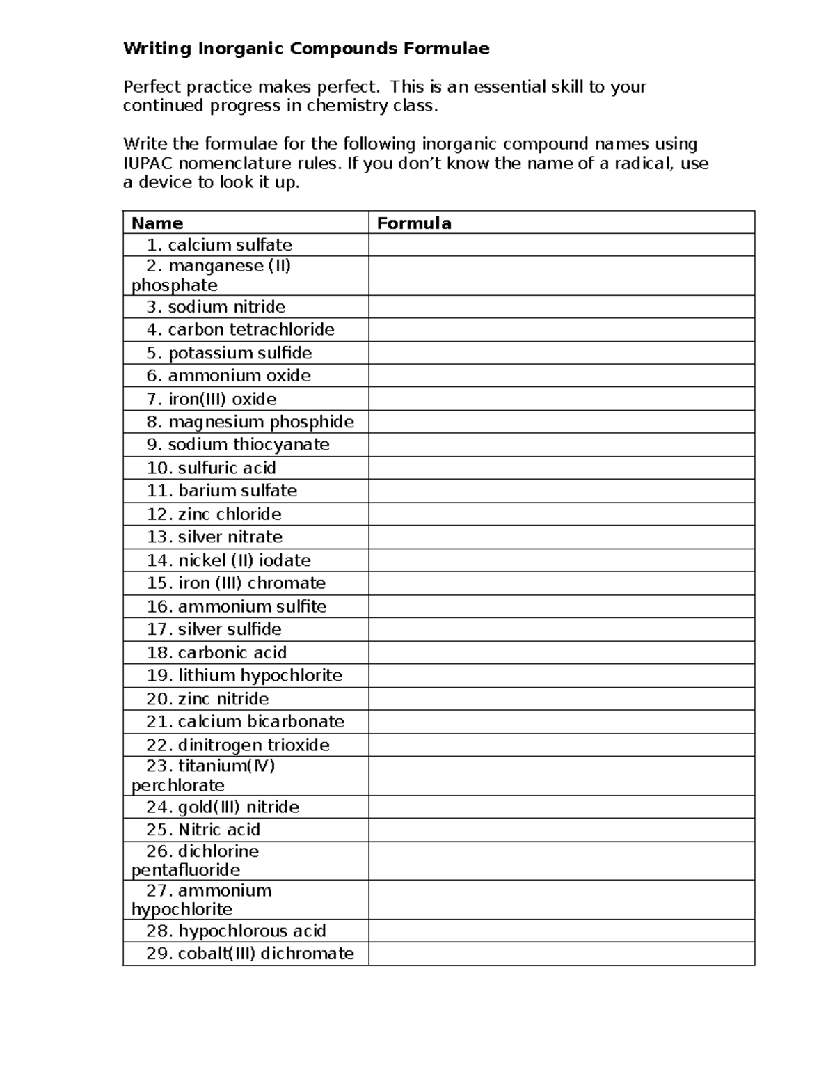 Inorganic Compounds Formulae Practice (Chem 101) - Studocu