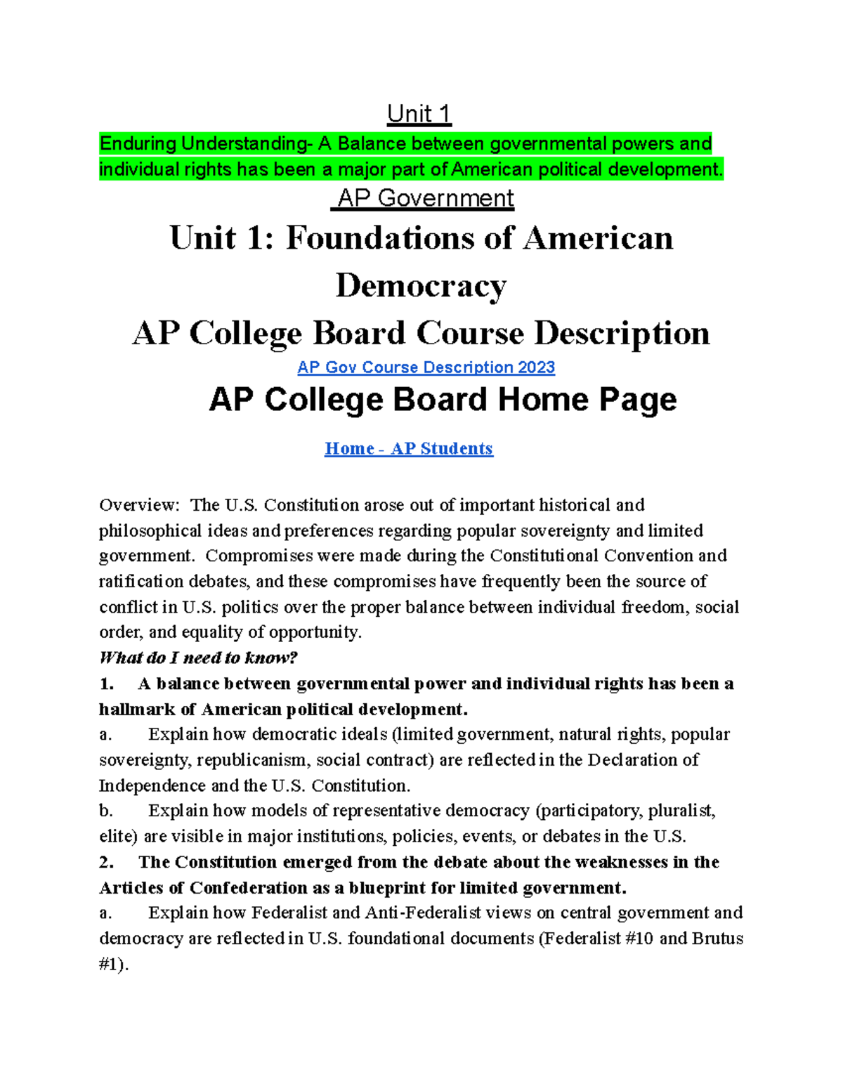 AP Government Unit 1: Foundations of American Democracy - Studocu
