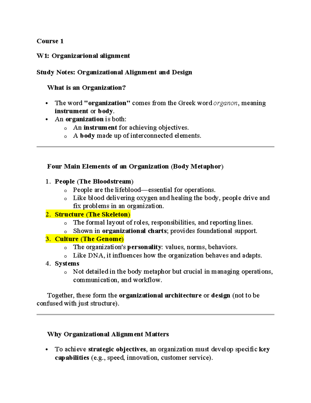 Course 1 W1: Organizational Alignment Study Notes for Final Exam - Studocu