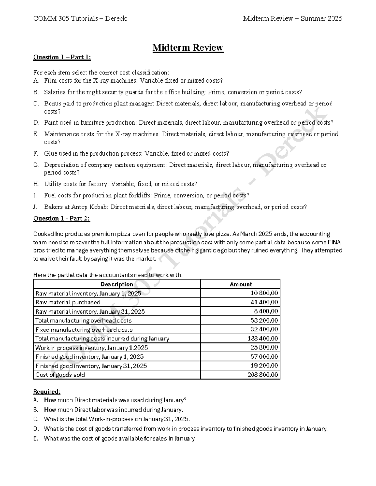 COMM 305 Dereck Midterm Review Summer 2025: Comprehensive Cost Analysis ...