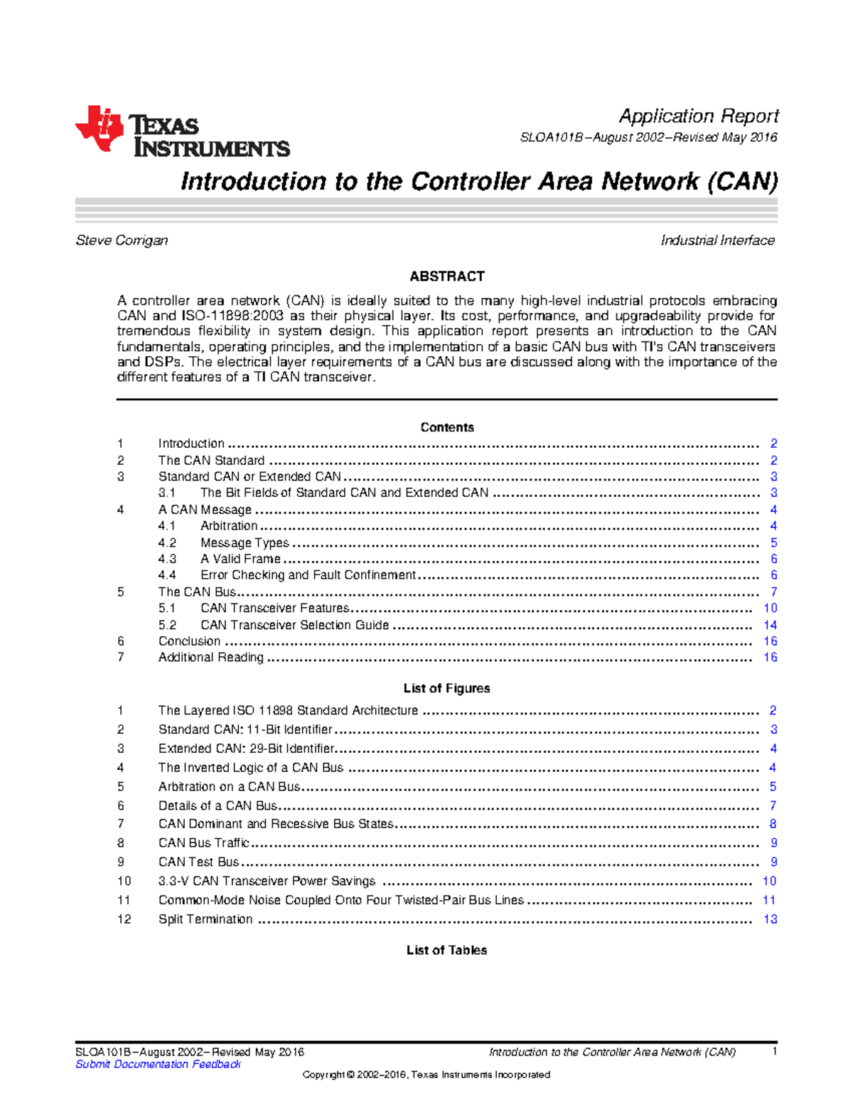 Introduction to Controller Area Network (CAN) - SLOA101B Report - Studocu