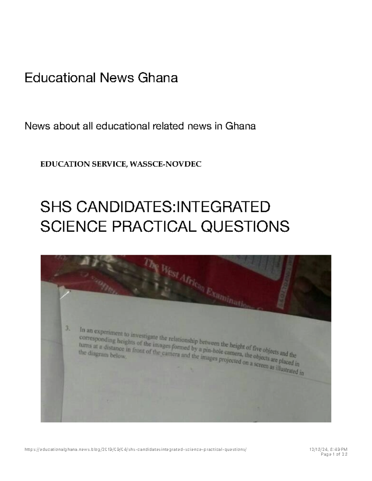 SHS Integrated Science Practical Questions for WASSCE Candidates - Studocu