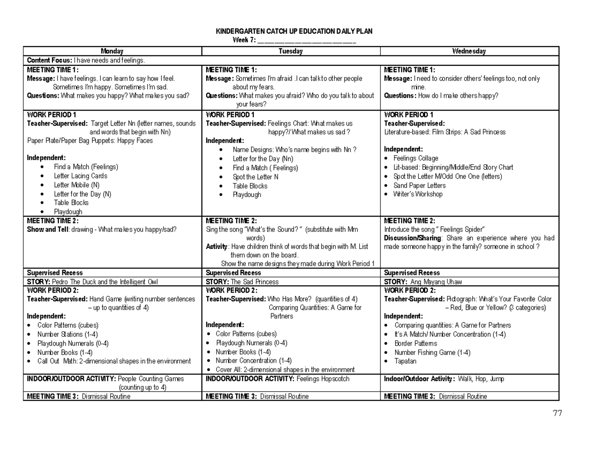 Kindergarten Lesson Plan: Needs and Feelings - Week 7 Activities - Studocu