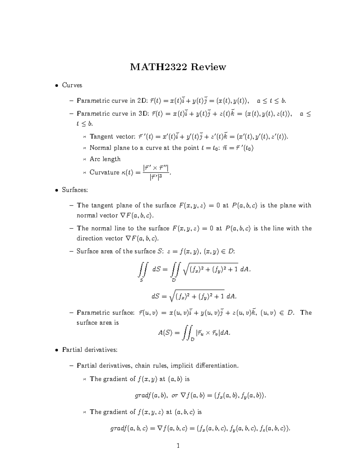 MATH2322 Final Exam Review: Parametric Curves & Surfaces - Studocu