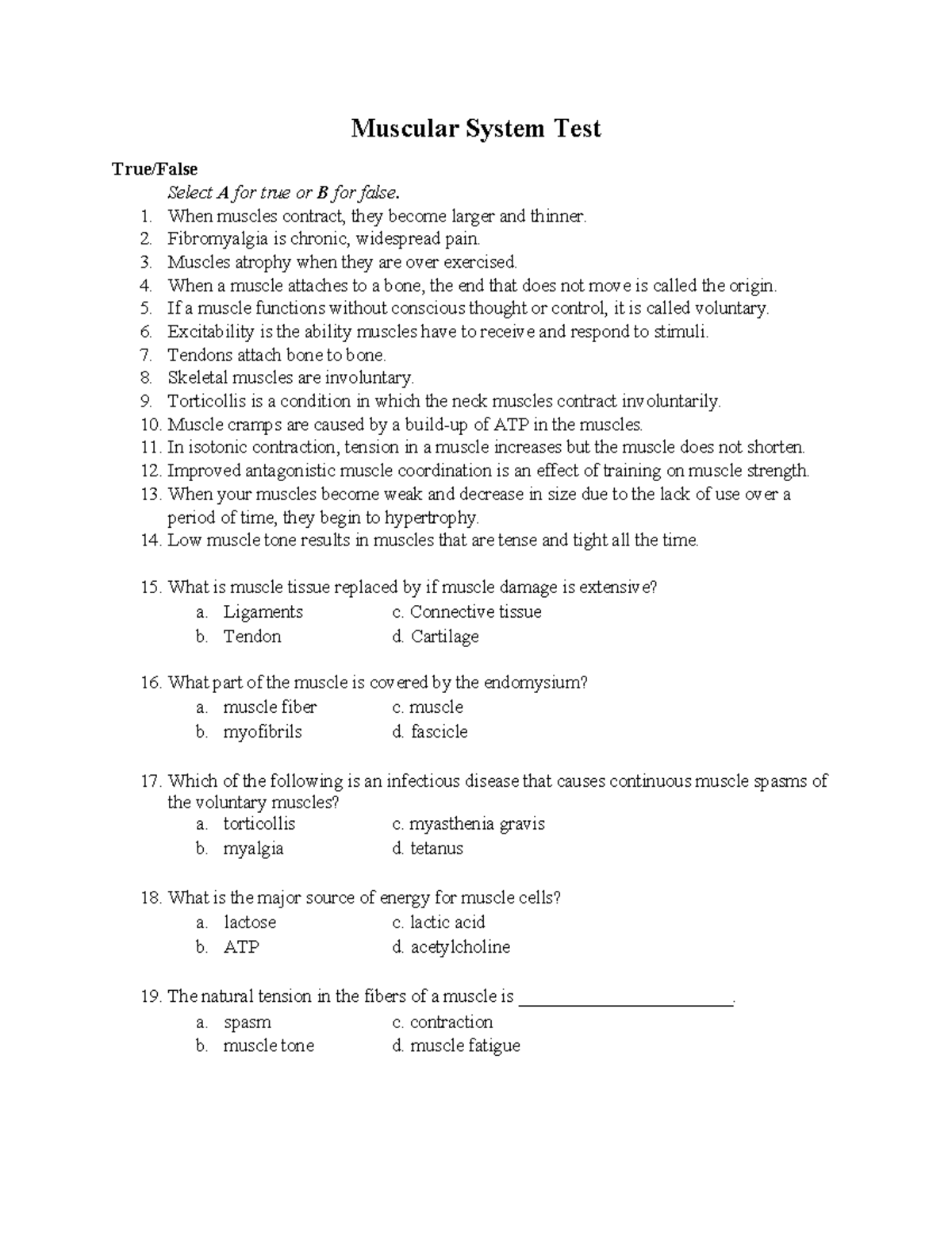 Muscular System Test 2 - True/False Questions Guide - Studocu