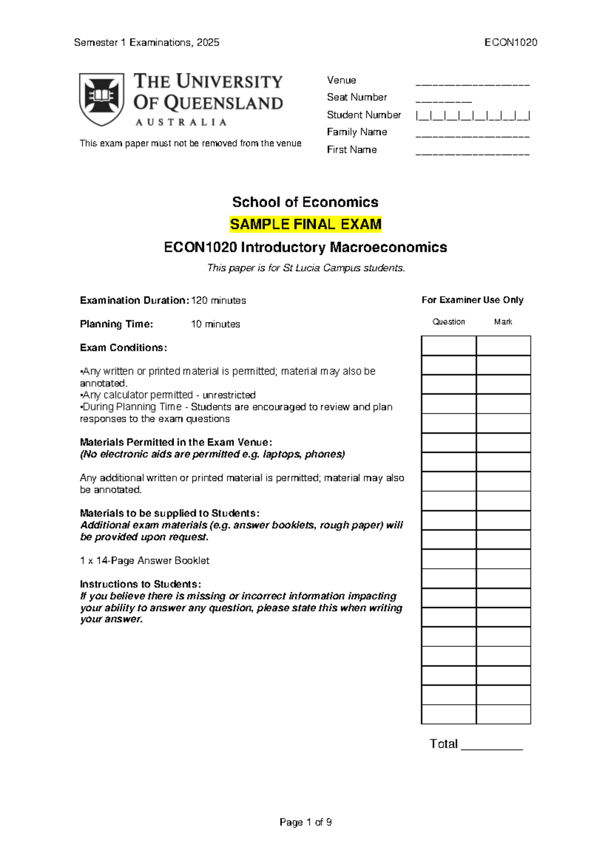ECON1020 Sample Final Exam - Introductory Macroeconomics 2025 - Studocu