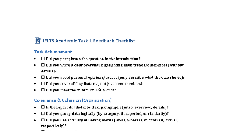 IELTS Academic Task 1 Checklist: Feedback & Guidelines - Studocu