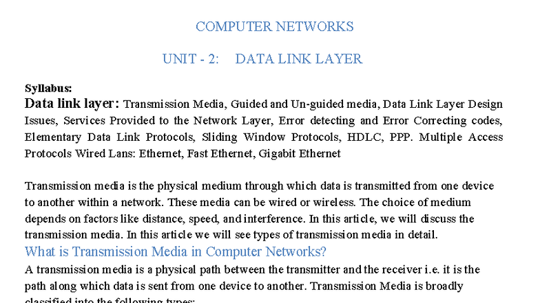 CN R20 UNIT 2: DATA LINK LAYER & TRANSMISSION MEDIA Overview - Studocu