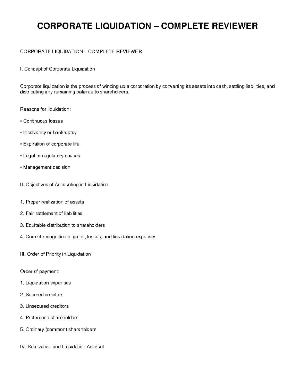 CORPORATE LIQUIDATION - LECTURE NOTES REVIEWER - Studocu