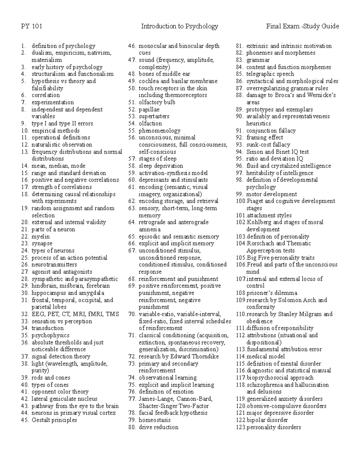 PY 101 Final Exam Study Guide - Studocu