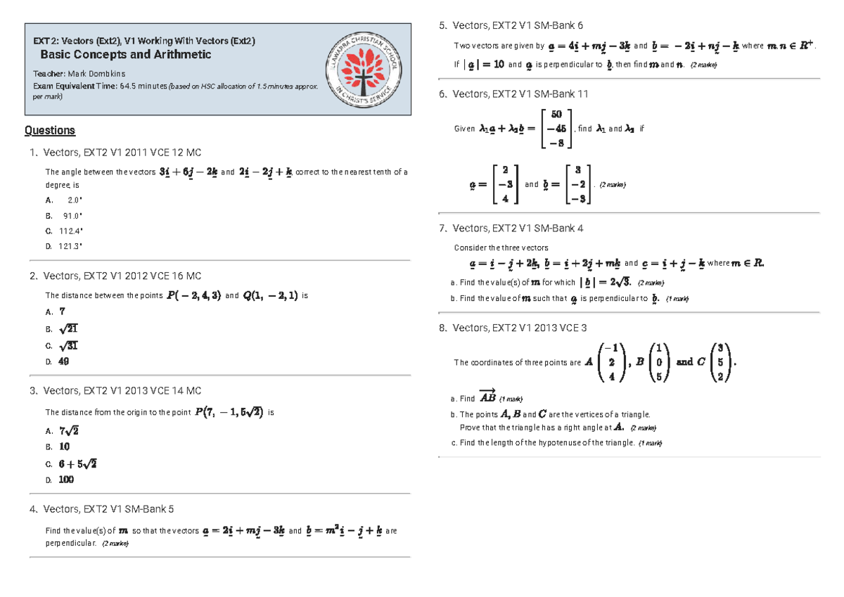 Vectors, EXT2 V1: Basic Concepts and Arithmetic Study Guide - Studocu