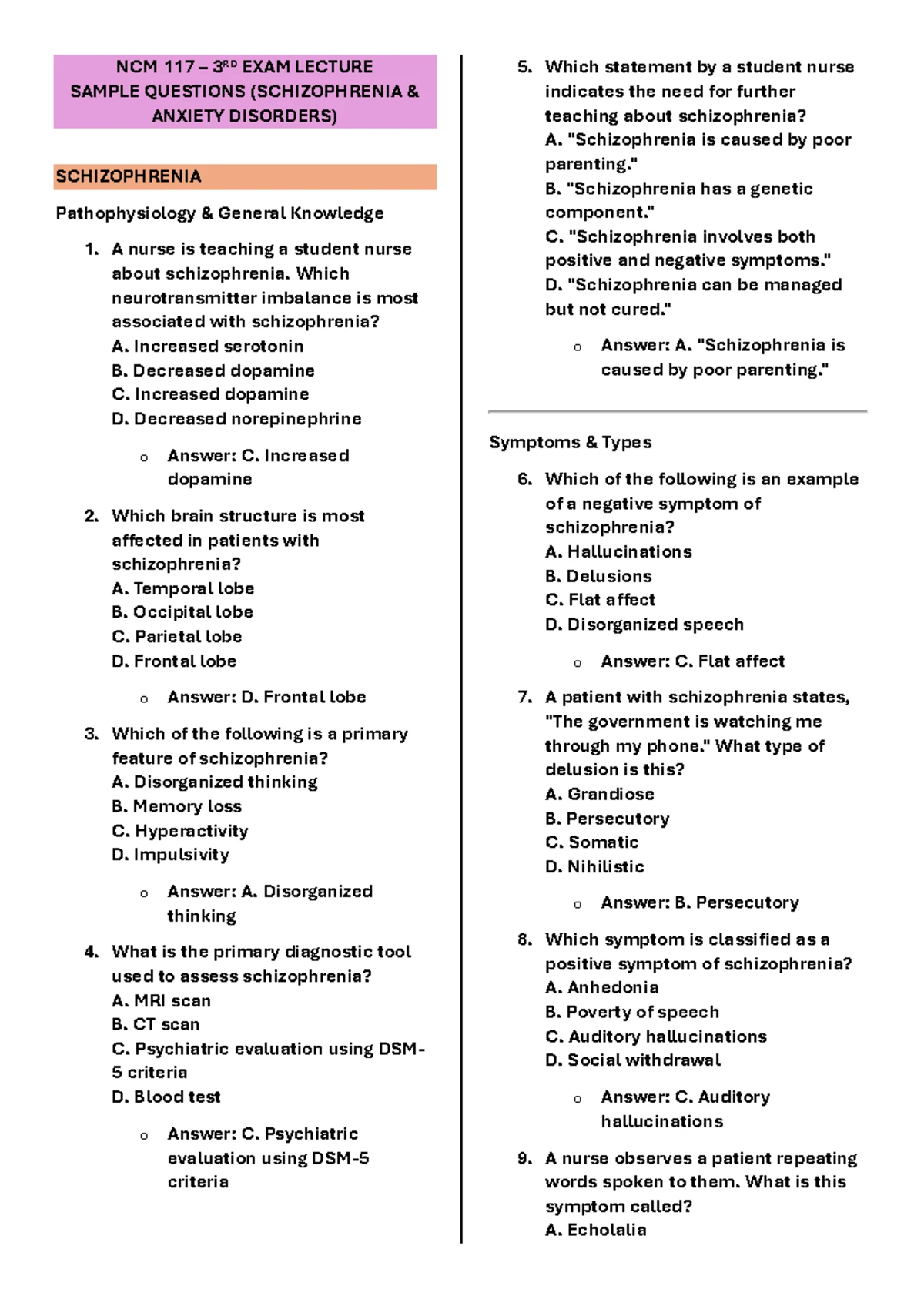 NCM 117 3RD LEC EXAM SAMPLE QUESTIONS ON SCHIZOPHRENIA & ANXIETY ...