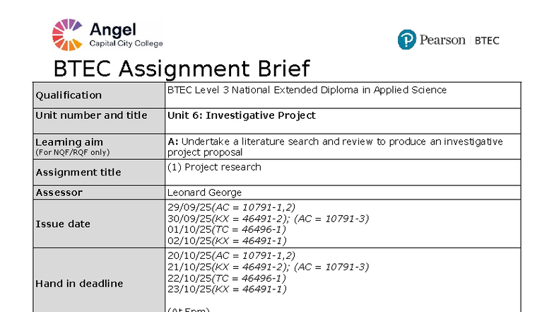 BTEC Level 3 Unit 6 Investigative Project Proposal Assignment - Studocu