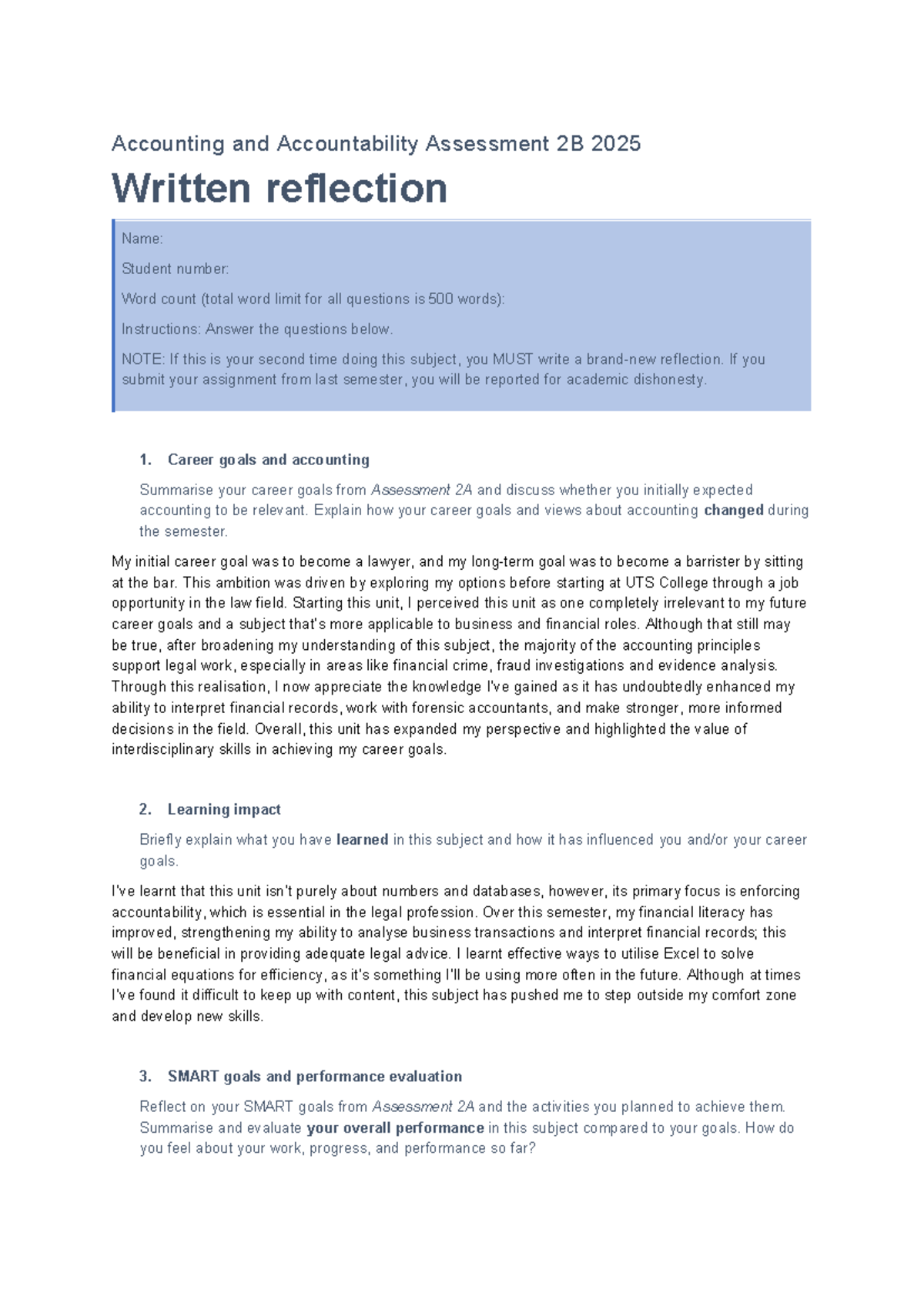 Accounting and Accountability Assessment 2B: Written Reflection by ...