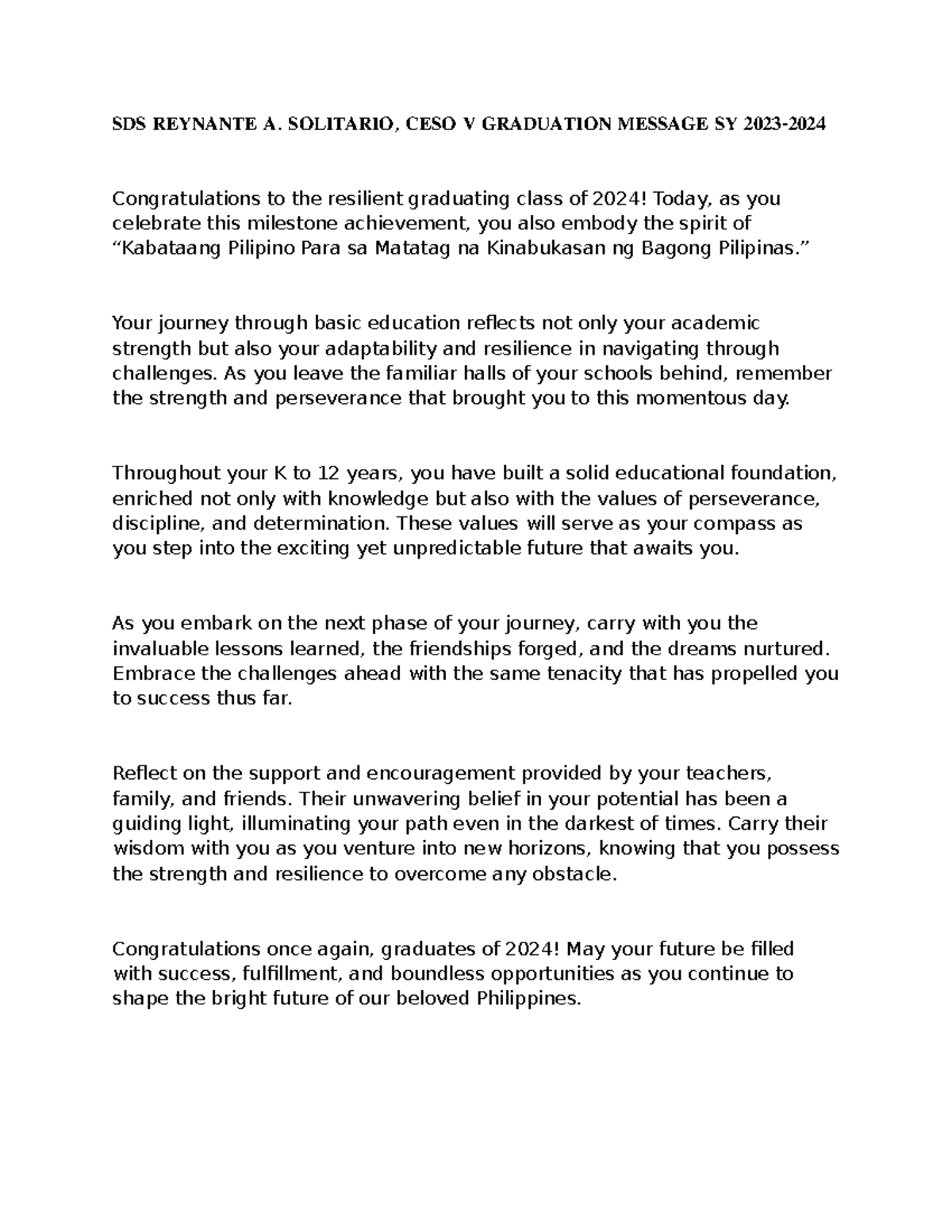 SDS REY 2024 Graduation Message: Celebrating Resilience and Future ...