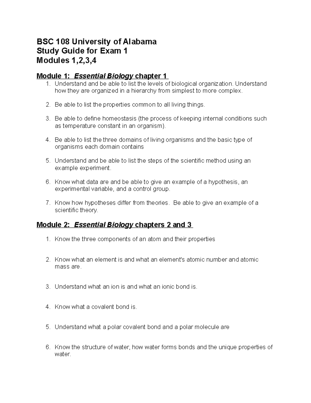 BSC 108 Exam 1 Study Guide: Essential Biology Modules 1-3 - Studocu