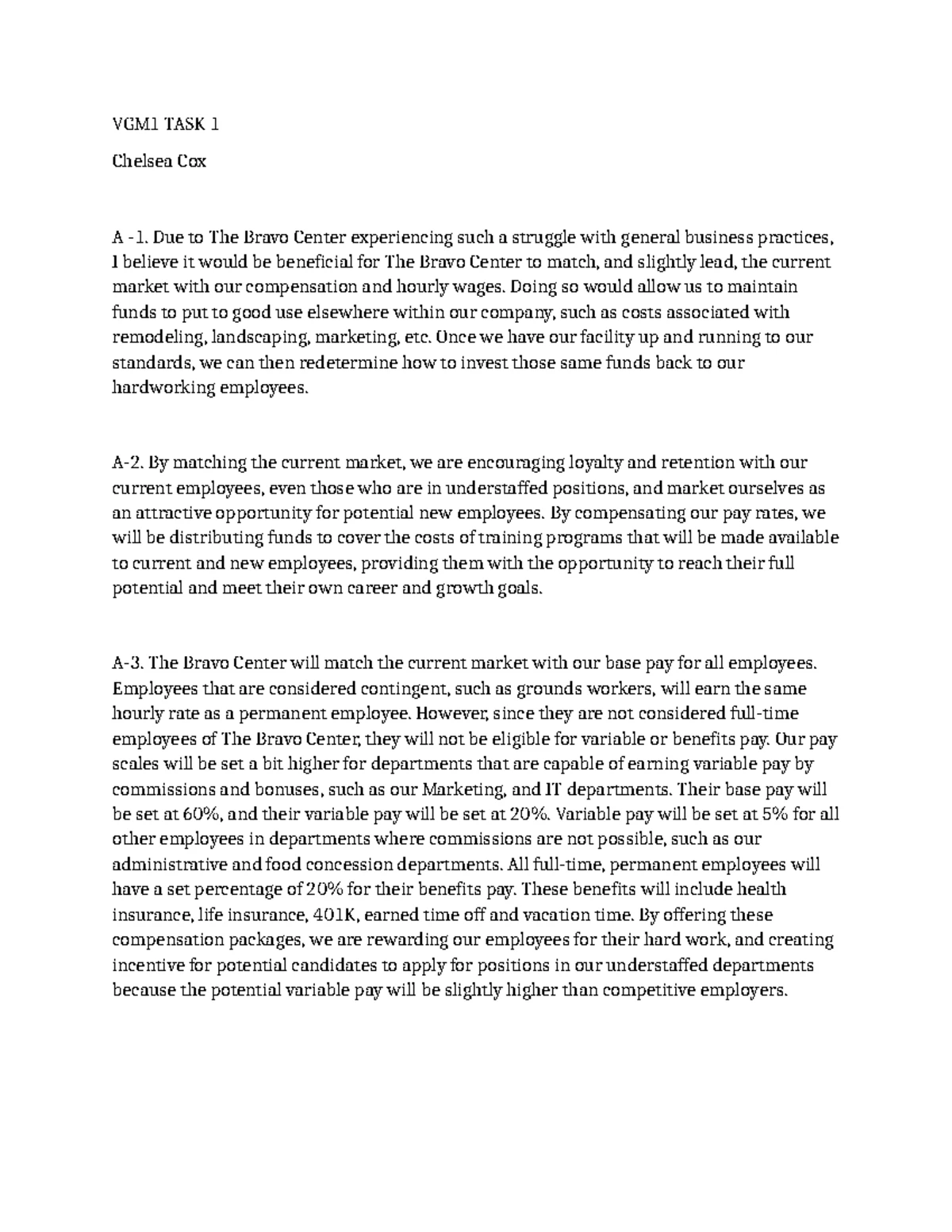 VGM1 TASK 2 - Competitive Benefits Package at The Bravo Center - Studocu