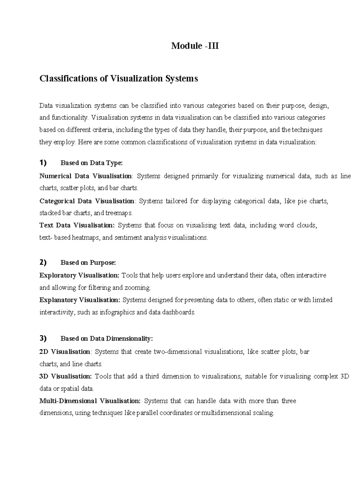 Module III: Classifications of Visualization Systems & Techniques - Studocu