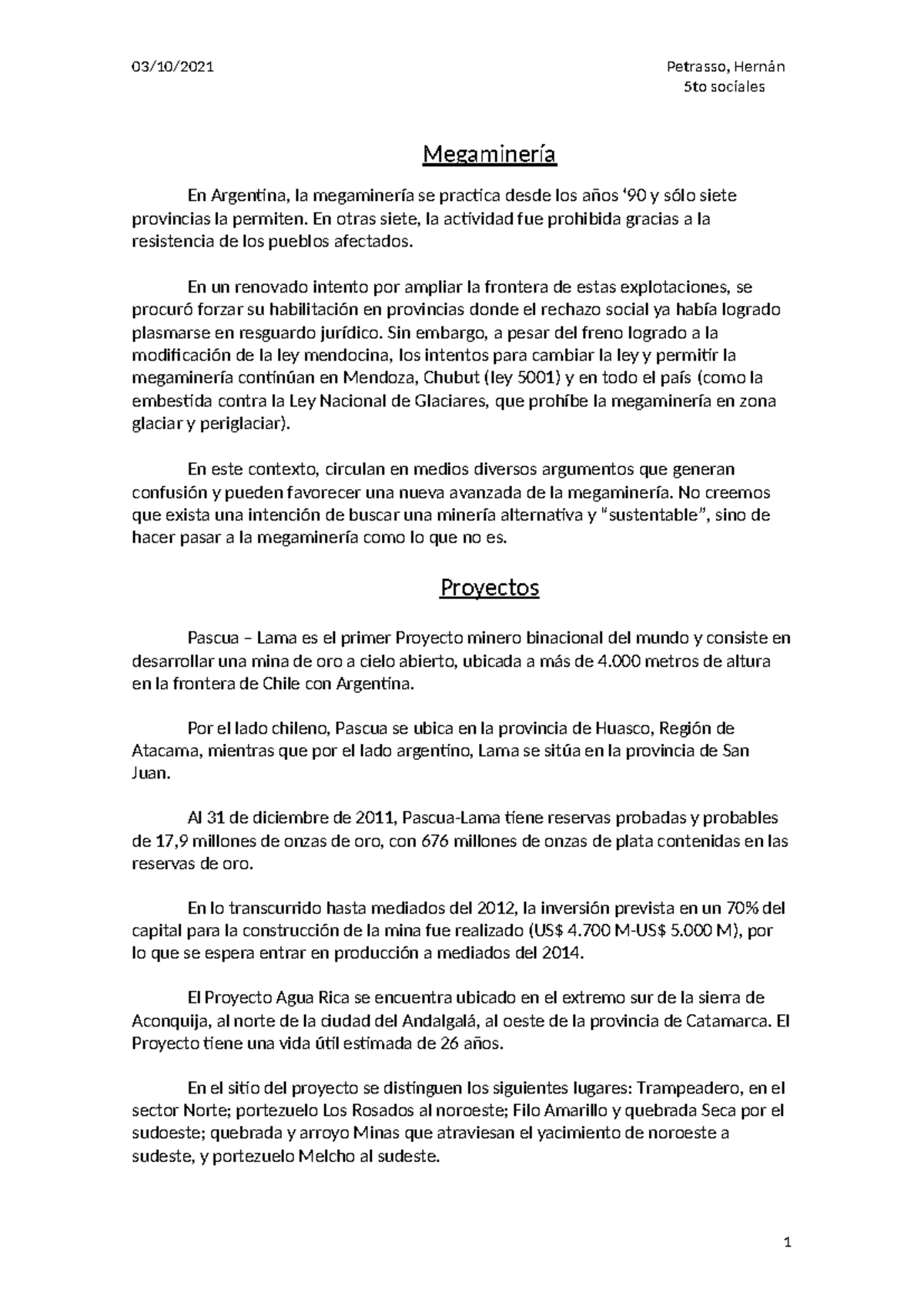 5to Sociales: Megaminería en Argentina - Análisis y Proyectos - Studocu