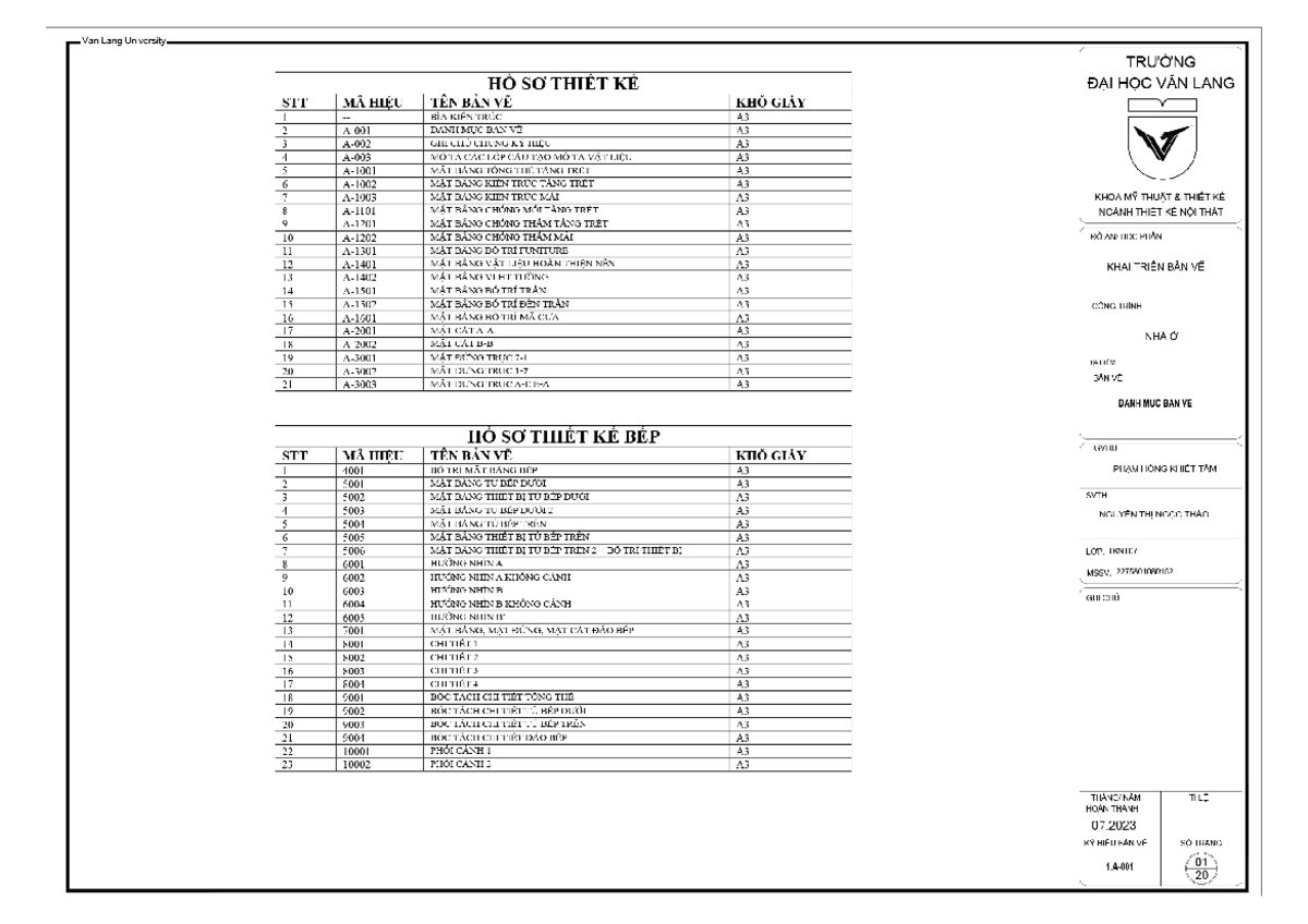 Danh Mục Bản Vẽ - Khóa Học TKNT07 - Khoa Mỹ Thuật & Thiết Kế - Studocu