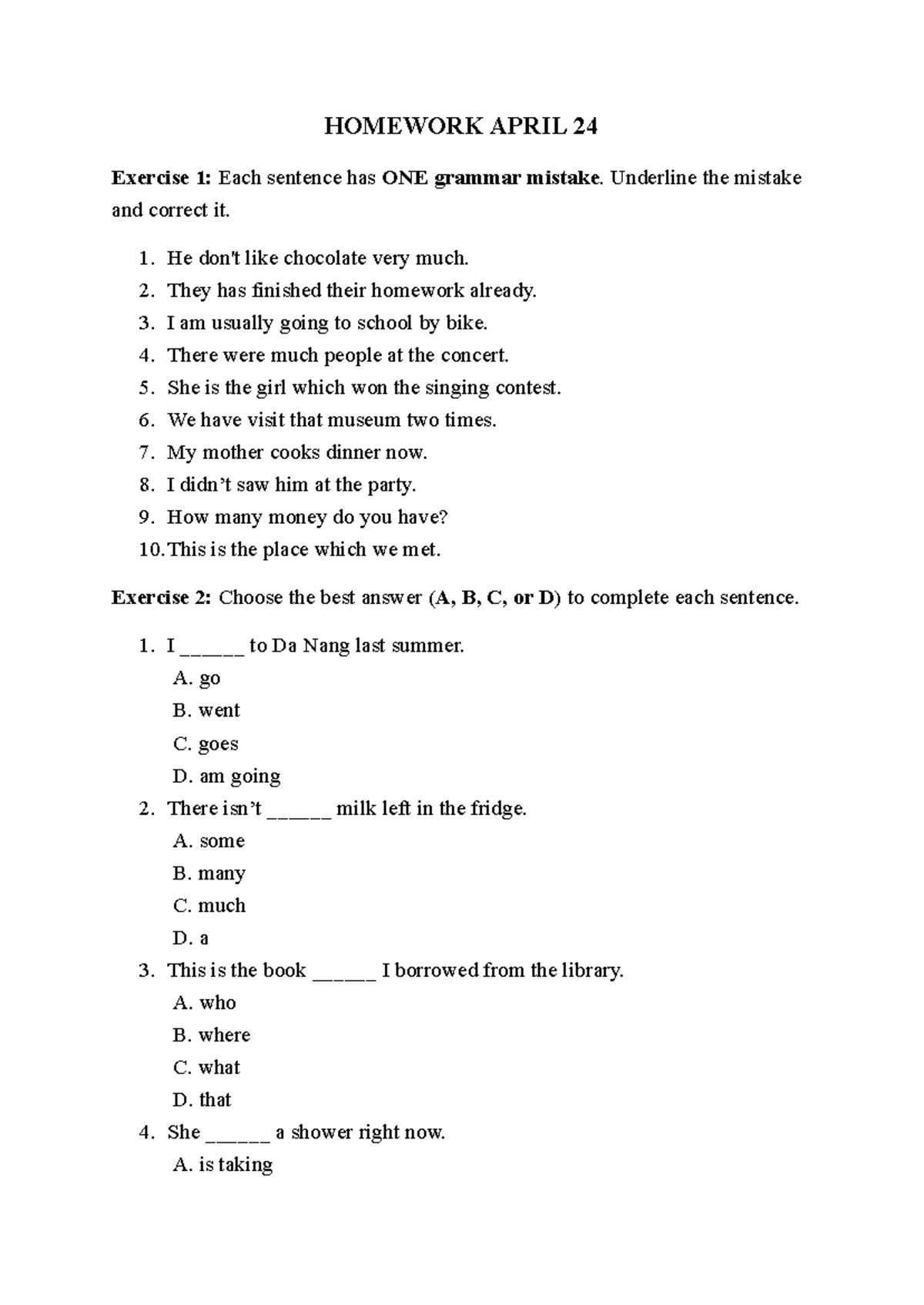 [MY] Homework - English Course Exercises on Grammar Mistakes and ...