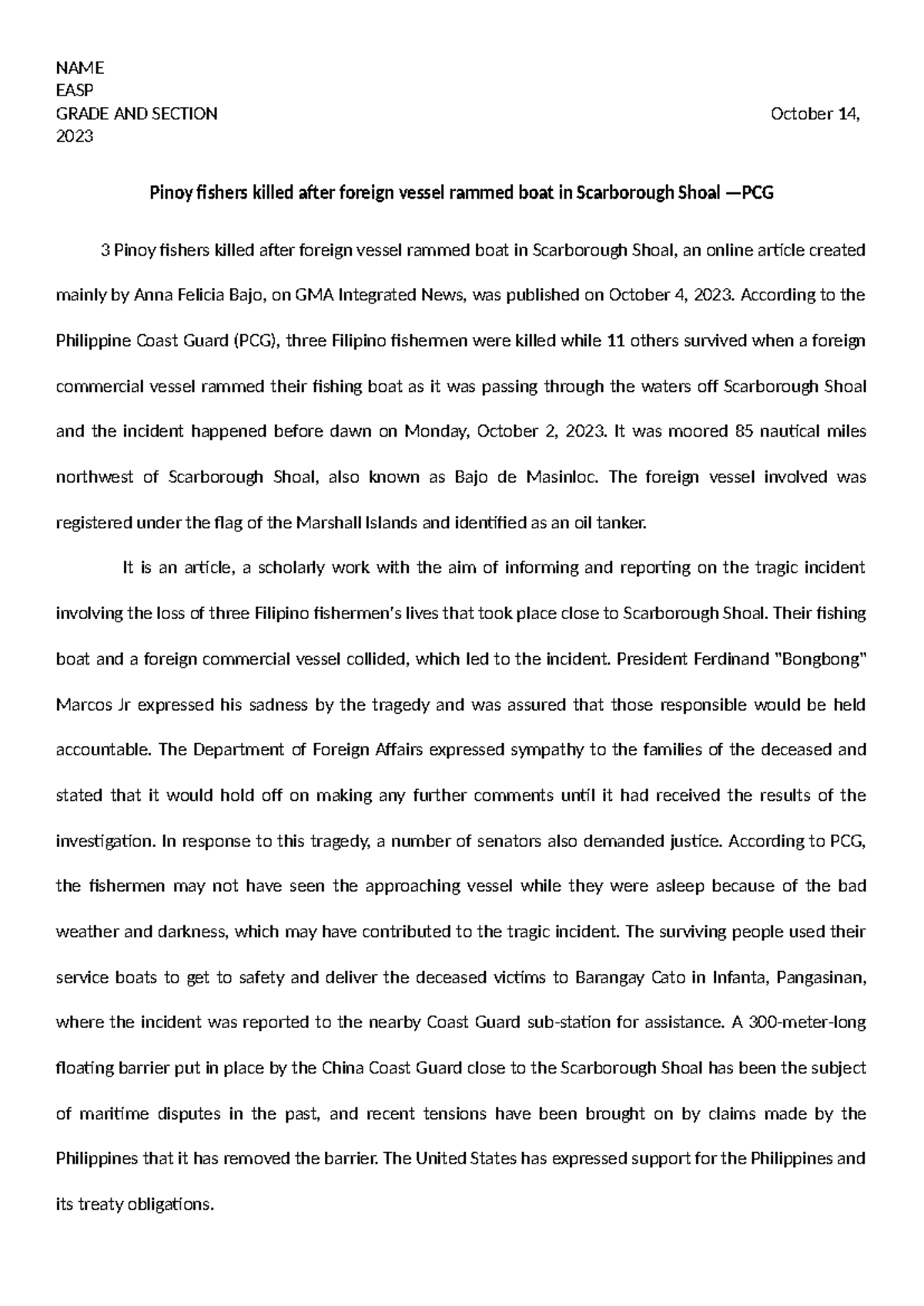 EASP Reaction Paper on Fatal Collision at Scarborough Shoal - Studocu