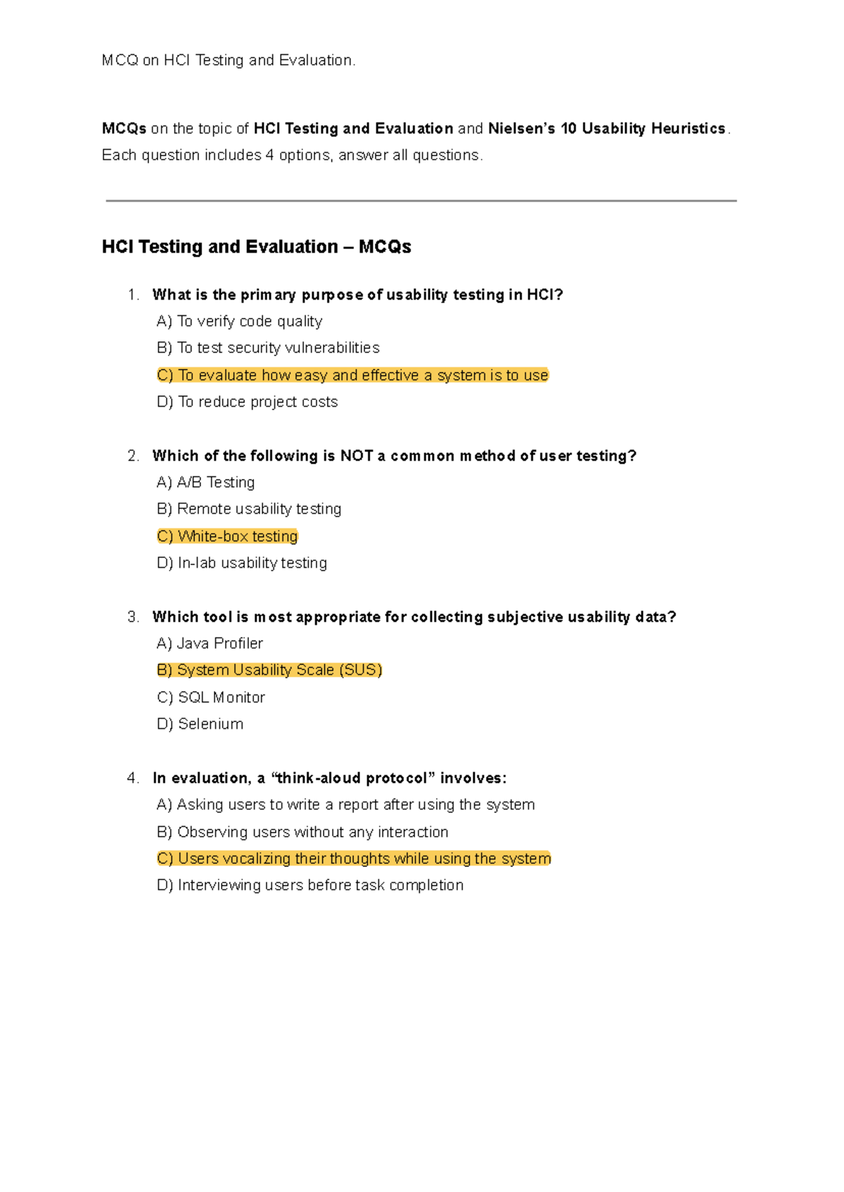 MCQs on HCI Testing & Evaluation: Usability Heuristics Insights - Studocu