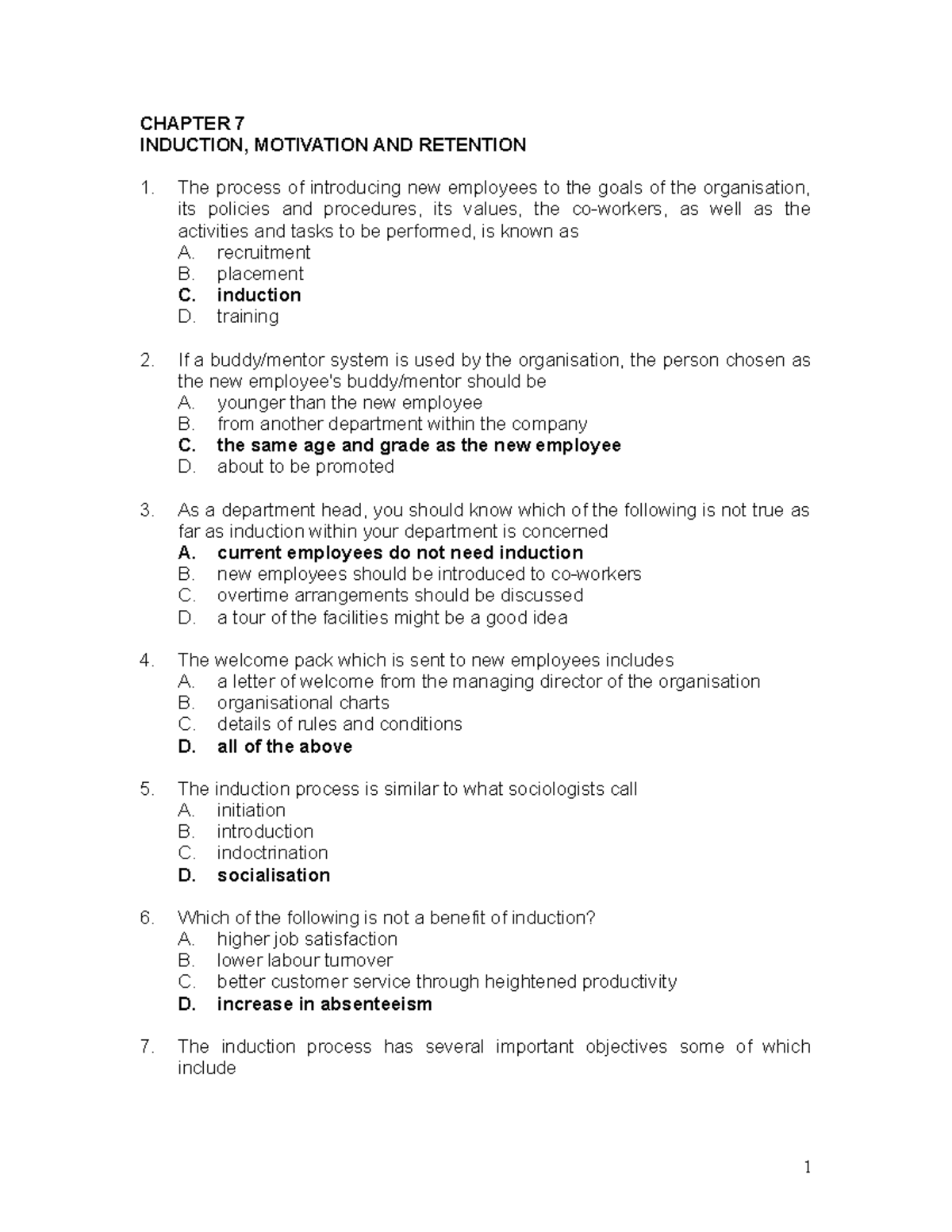 Chapter 7: Induction, Motivation & Retention Questions (Su 7) - Studocu