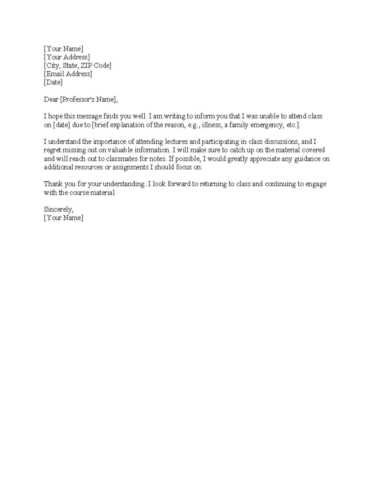 Excuse Letter Template for Class Absence Notification - Studocu